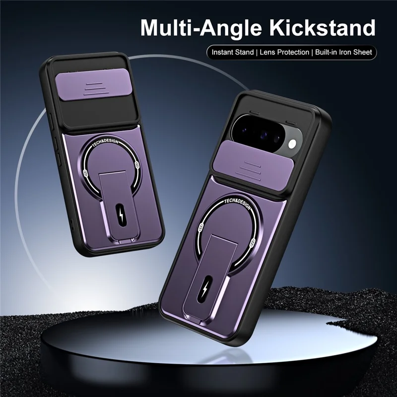 For Google Pixel 10 Pro  /  Pixel 10 Case with Slide Camera Cover Kickstand Shockproof PC + TPU Matte Finish Phone Shell - Purple