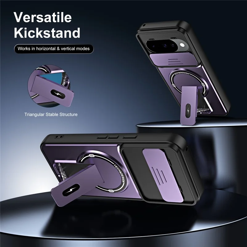 For Google Pixel 10 Pro  /  Pixel 10 Case with Slide Camera Cover Kickstand Shockproof PC + TPU Matte Finish Phone Shell - Purple