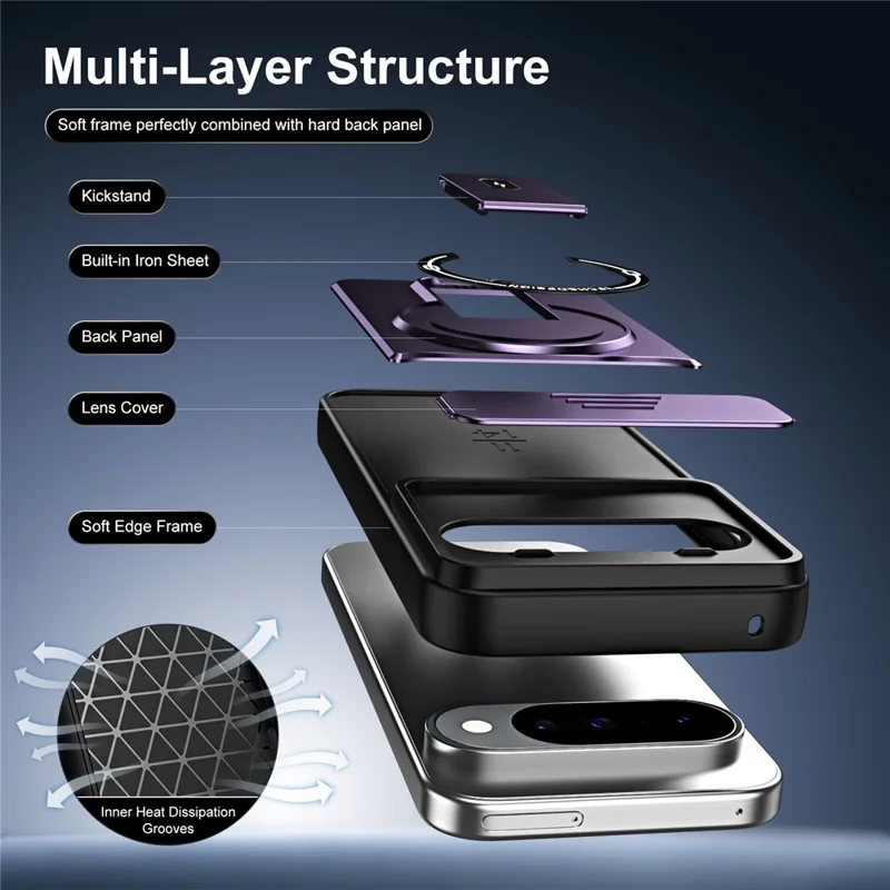 For Google Pixel 10 Pro  /  Pixel 10 Case with Slide Camera Cover Kickstand Shockproof PC + TPU Matte Finish Phone Shell - Purple
