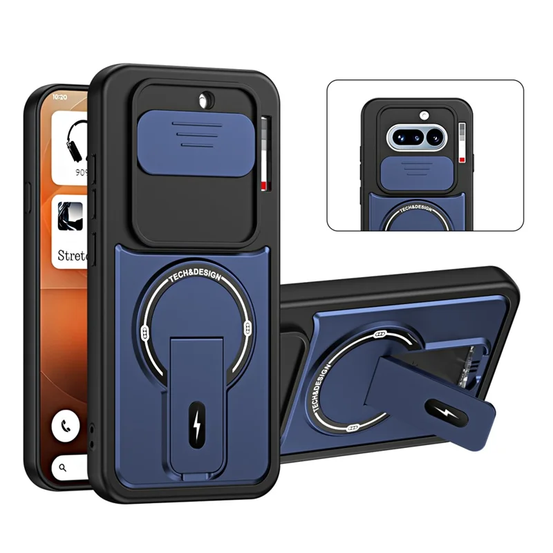 For Nothing Phone (4a) Case with Slide Camera Cover Kickstand Shockproof PC + TPU Matte Finish Phone Shell - Blue