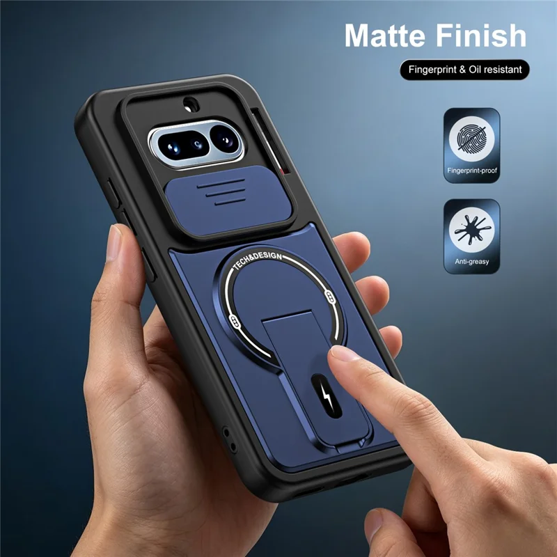 For Nothing Phone (4a) Case with Slide Camera Cover Kickstand Shockproof PC + TPU Matte Finish Phone Shell - Blue