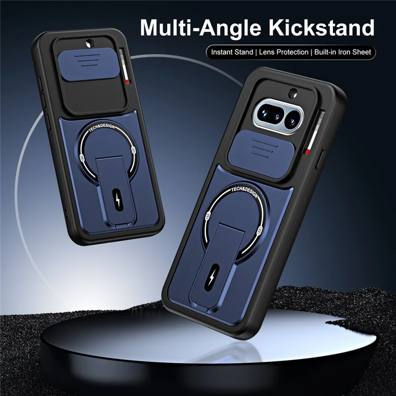 For Nothing Phone (4a) Case with Slide Camera Cover Kickstand Shockproof PC + TPU Matte Finish Phone Shell - Blue