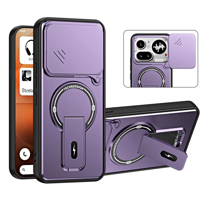 For Nothing Phone (4a) Pro Case with Slide Camera Cover Kickstand Shockproof PC + TPU Matte Finish Phone Shell - Purple
