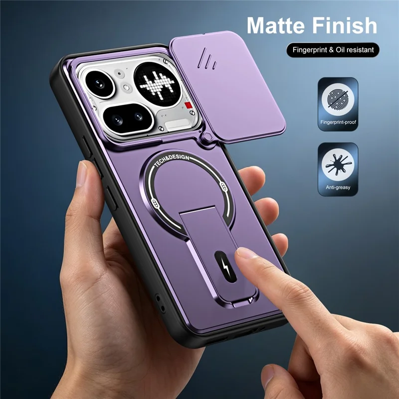 For Nothing Phone (4a) Pro Case with Slide Camera Cover Kickstand Shockproof PC + TPU Matte Finish Phone Shell - Purple