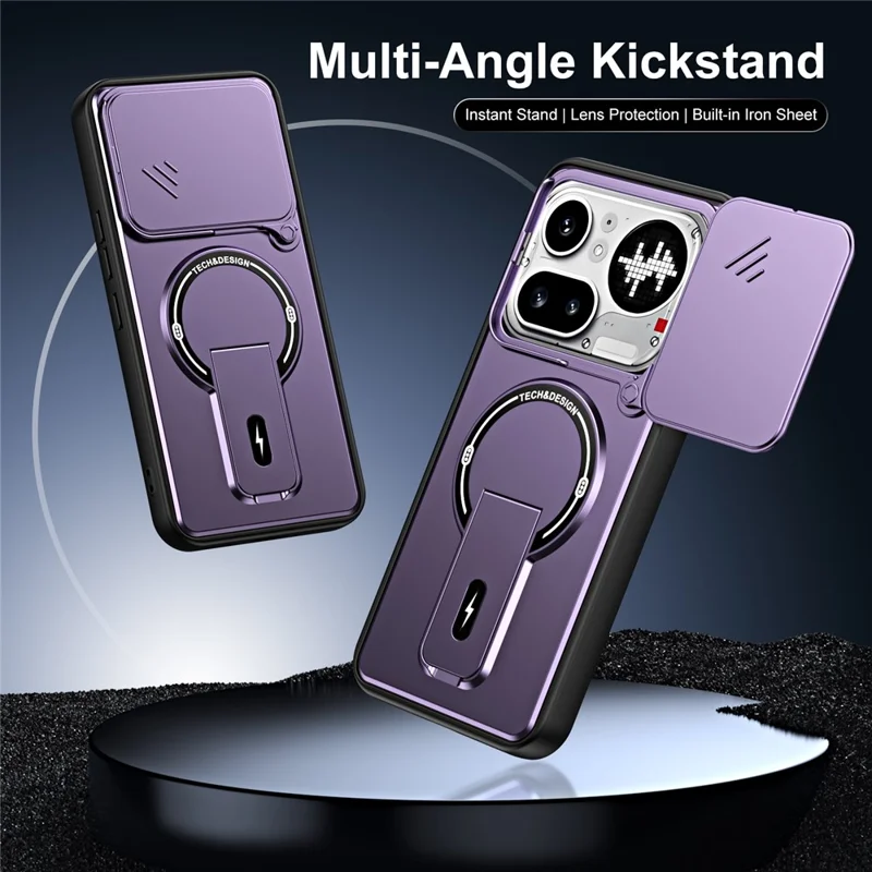 For Nothing Phone (4a) Pro Case with Slide Camera Cover Kickstand Shockproof PC + TPU Matte Finish Phone Shell - Purple