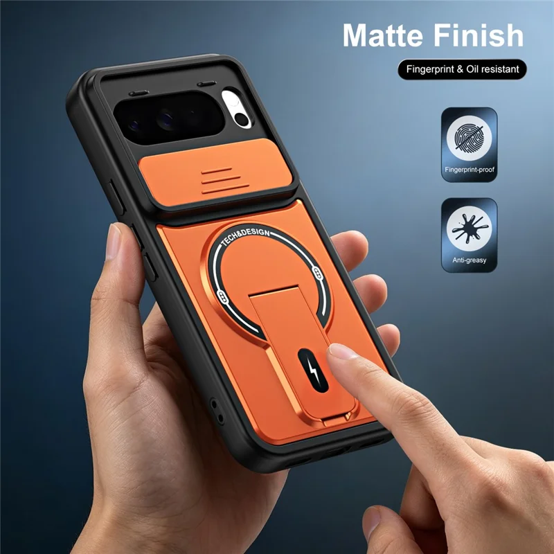 For Google Pixel 10 Pro XL Case with Slide Camera Cover Kickstand Shockproof PC + TPU Matte Finish Phone Shell - Orange