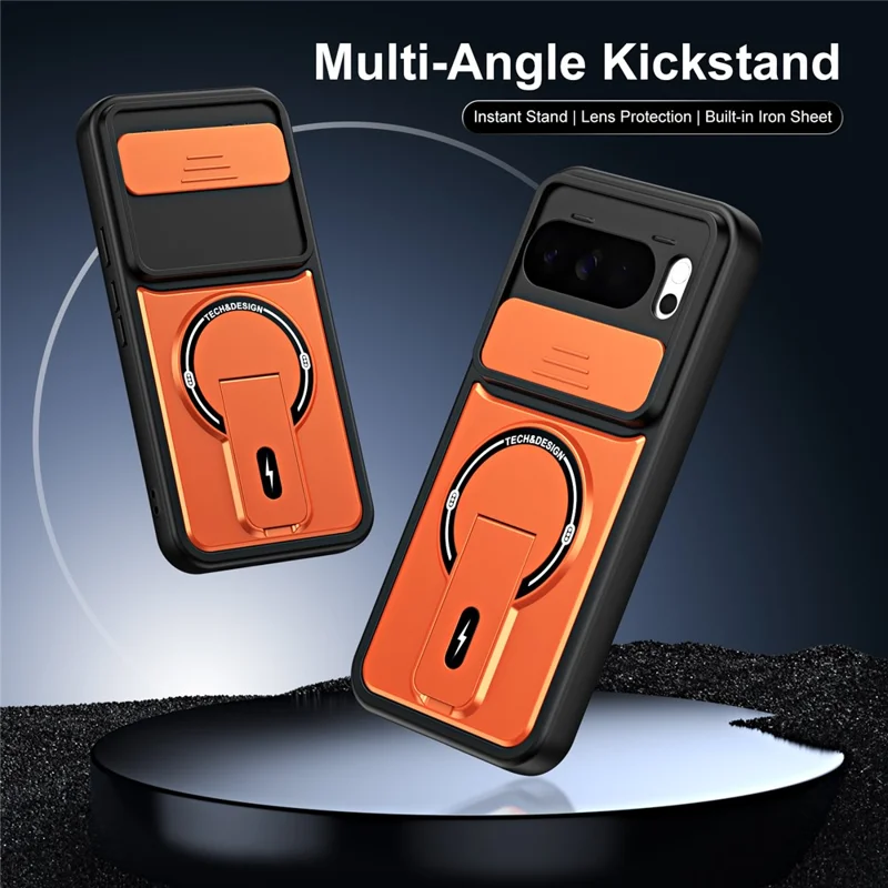 For Google Pixel 10 Pro XL Case with Slide Camera Cover Kickstand Shockproof PC + TPU Matte Finish Phone Shell - Orange