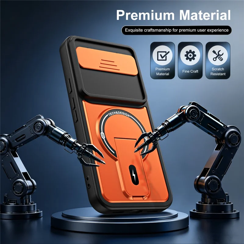 For Google Pixel 10 Pro XL Case with Slide Camera Cover Kickstand Shockproof PC + TPU Matte Finish Phone Shell - Orange