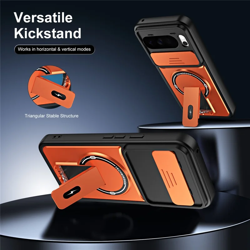 For Google Pixel 10 Pro XL Case with Slide Camera Cover Kickstand Shockproof PC + TPU Matte Finish Phone Shell - Orange