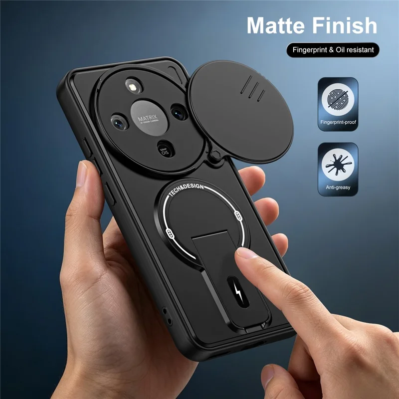 For Honor X70 5G  /  X9d 5G  /  Magic8 Lite 5G Case with Slide Camera Cover Kickstand Shockproof PC + TPU Matte Finish Phone Shell - Black