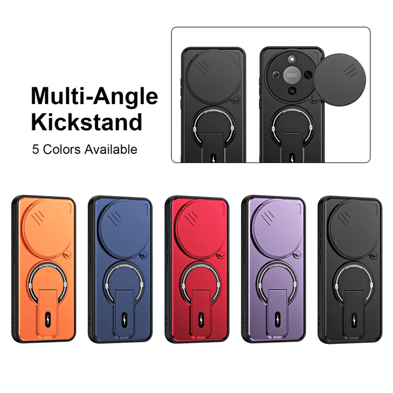 For Honor X70 5G  /  X9d 5G  /  Magic8 Lite 5G Case with Slide Camera Cover Kickstand Shockproof PC + TPU Matte Finish Phone Shell - Black