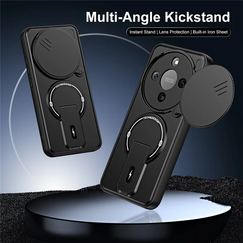 For Honor X70 5G  /  X9d 5G  /  Magic8 Lite 5G Case with Slide Camera Cover Kickstand Shockproof PC + TPU Matte Finish Phone Shell - Black