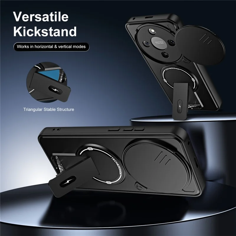 For Honor X70 5G  /  X9d 5G  /  Magic8 Lite 5G Case with Slide Camera Cover Kickstand Shockproof PC + TPU Matte Finish Phone Shell - Black