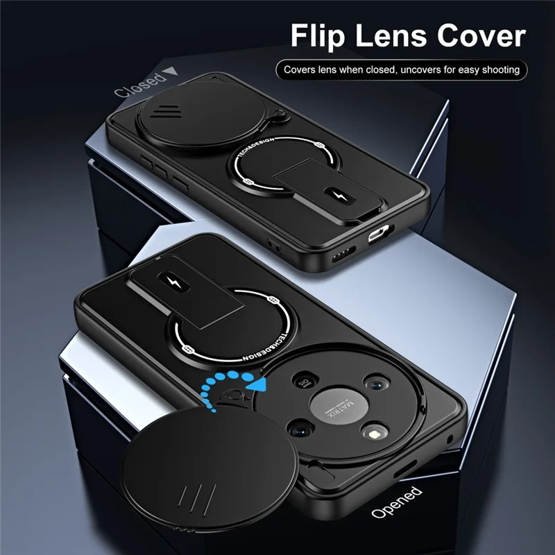 For Honor X70 5G  /  X9d 5G  /  Magic8 Lite 5G Case with Slide Camera Cover Kickstand Shockproof PC + TPU Matte Finish Phone Shell - Black
