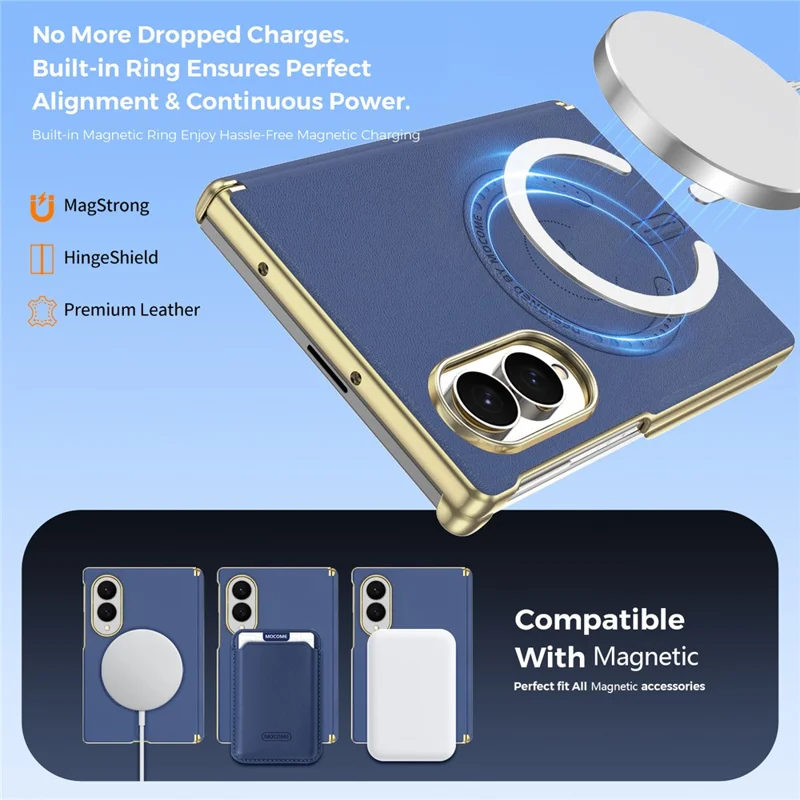 For Samsung Galaxy Z Fold8 Magnetic Case Leather + PC Electroplated Hinge Protection Phone Cover - Sapphire