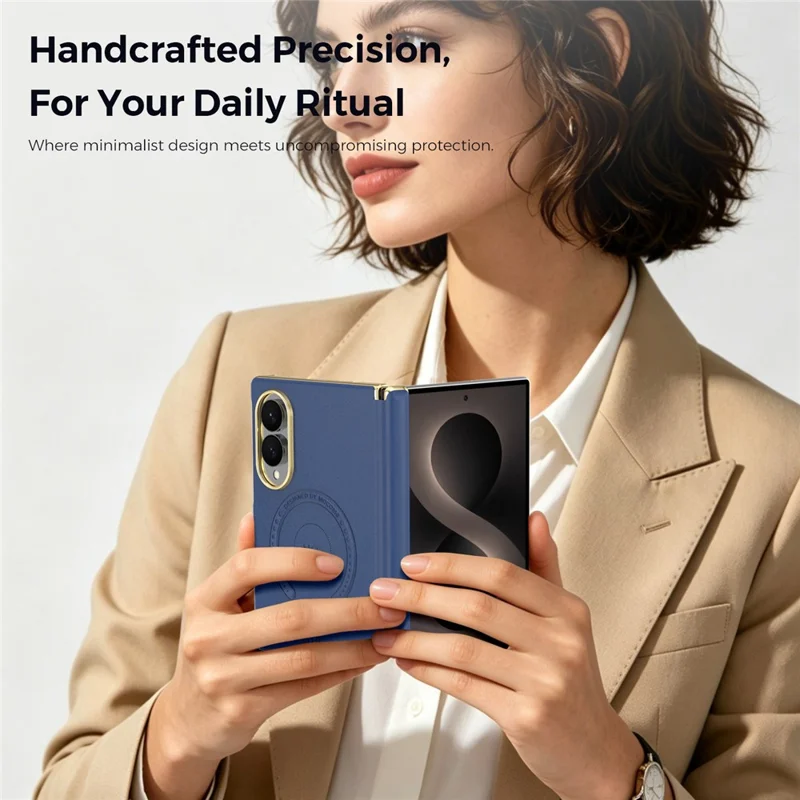 For Samsung Galaxy Z Fold8 Magnetic Case Leather + PC Electroplated Hinge Protection Phone Cover - Sapphire
