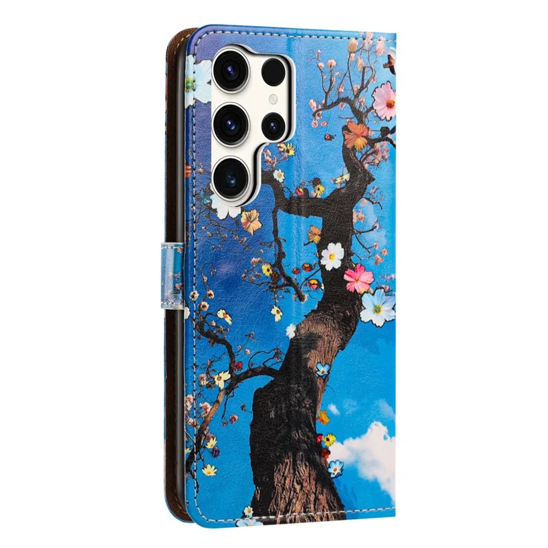 For Samsung Galaxy S25 Ultra Case Pattern Printed Wallet Flip Stand PU Leather Phone Cover with Wrist Strap - Flowering Tree