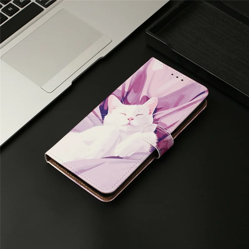 For Samsung Galaxy A55 5G Case Pattern Printed Wallet Flip Stand PU Leather Phone Cover with Wrist Strap - Sleeping Cat