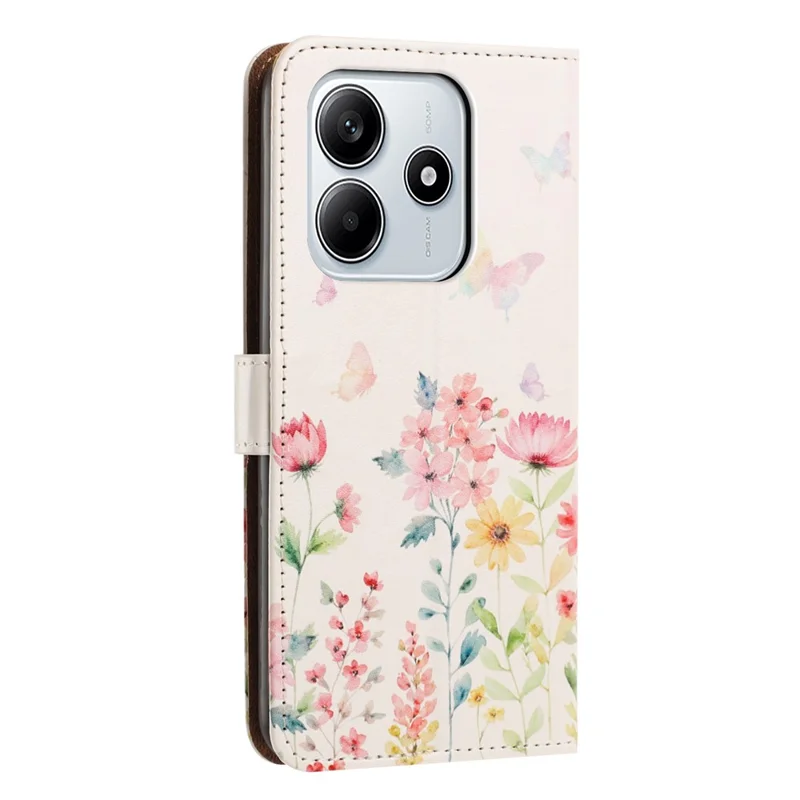 For Xiaomi Redmi Note 14 5G Case Pattern Printed Wallet Flip Stand PU Leather Phone Cover with Wrist Strap - Floral Butterfly