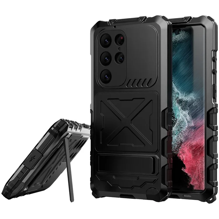 R-JUST Para Samsung Galaxy S23 Ultra Capa de Telefone Silicone + Metal Resistente a Choques e à Prova de Poeira com Película de Vidro Temperado - Preto
