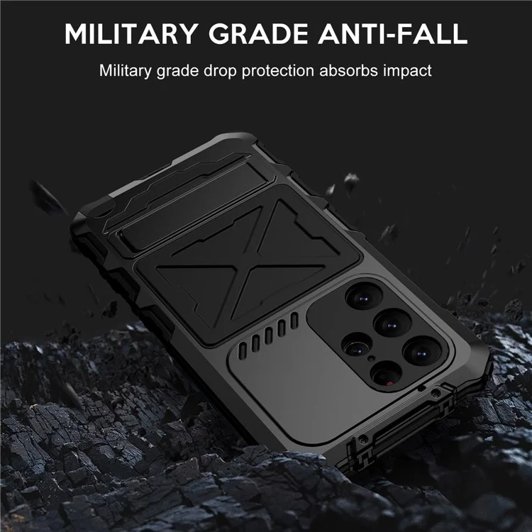 R-JUST Para Samsung Galaxy S23 Ultra Capa de Telefone Silicone + Metal Resistente a Choques e à Prova de Poeira com Película de Vidro Temperado - Preto