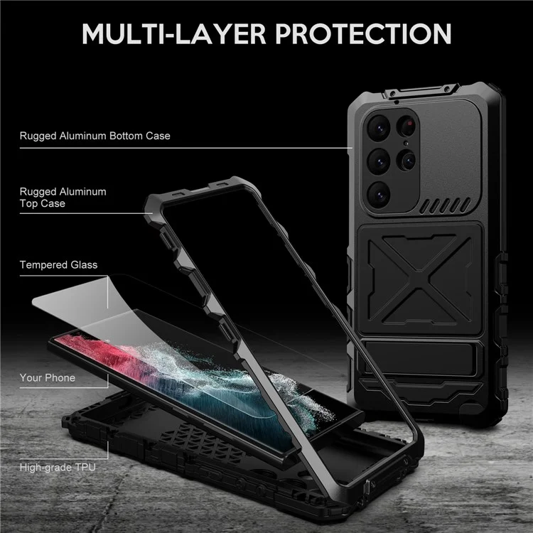 R-JUST Para Samsung Galaxy S23 Ultra Capa de Telefone Silicone + Metal Resistente a Choques e à Prova de Poeira com Película de Vidro Temperado - Preto