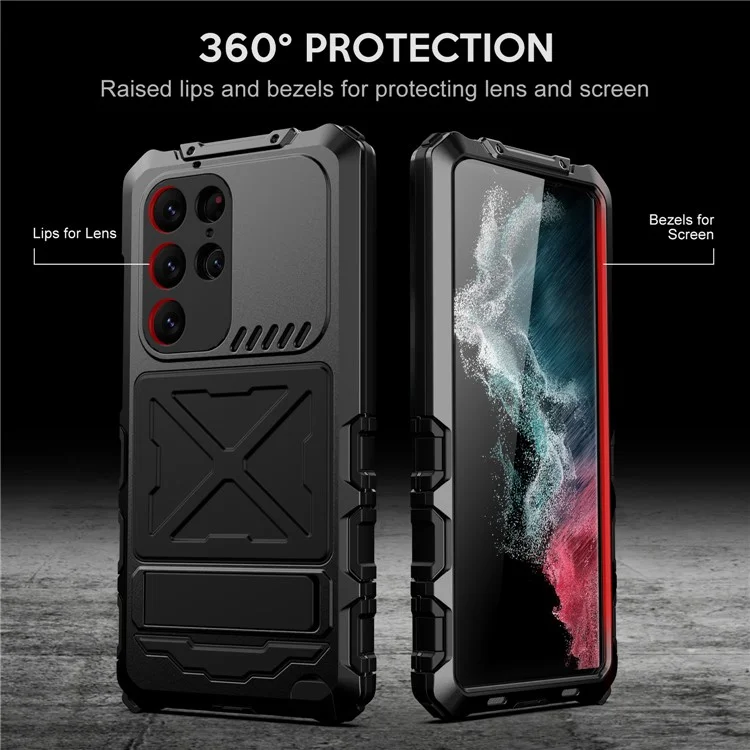 R-JUST Para Samsung Galaxy S23 Ultra Capa de Telefone Silicone + Metal Resistente a Choques e à Prova de Poeira com Película de Vidro Temperado - Preto