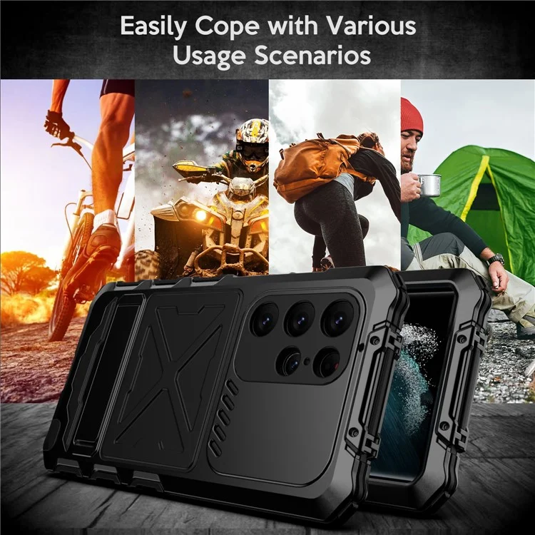 R-JUST Para Samsung Galaxy S23 Ultra Capa de Telefone Silicone + Metal Resistente a Choques e à Prova de Poeira com Película de Vidro Temperado - Preto