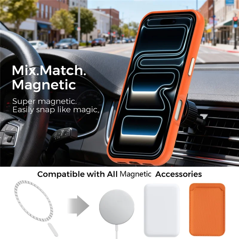 For iPhone 18 Pro Case Kompatibel med MagSafe Fint Gittermønster Læderbelagt TPU PC Telefonbeskyttelse med Metalobjektivramme - Orange