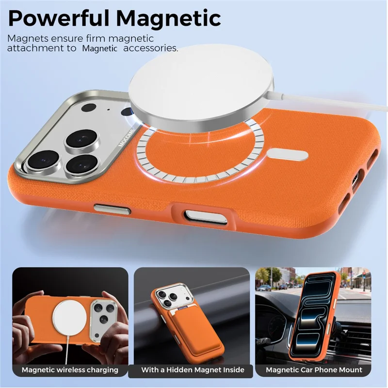 For iPhone 18 Pro Case Kompatibel med MagSafe Fint Gittermønster Læderbelagt TPU PC Telefonbeskyttelse med Metalobjektivramme - Orange