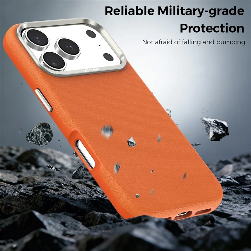 For iPhone 18 Pro Case Kompatibel med MagSafe Fint Gittermønster Læderbelagt TPU PC Telefonbeskyttelse med Metalobjektivramme - Orange