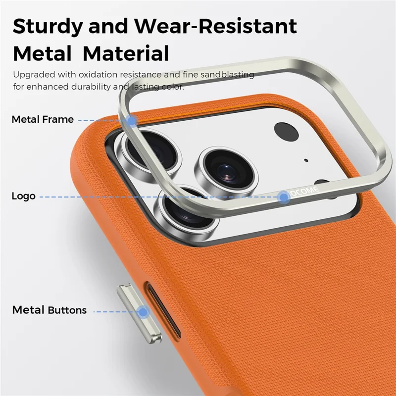 For iPhone 18 Pro Case Kompatibel med MagSafe Fint Gittermønster Læderbelagt TPU PC Telefonbeskyttelse med Metalobjektivramme - Orange