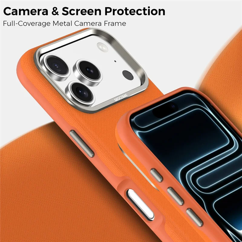 For iPhone 18 Pro Case Kompatibel med MagSafe Fint Gittermønster Læderbelagt TPU PC Telefonbeskyttelse med Metalobjektivramme - Orange
