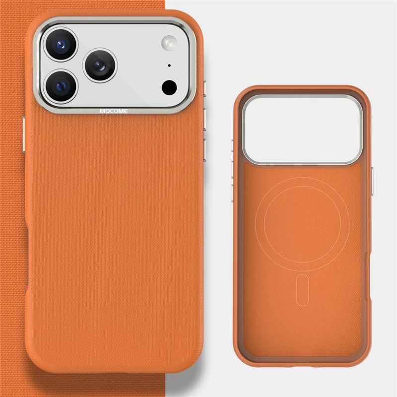 Til iPhone 18 Pro Max Case Kompatibel med MagSafe Fin Grid-struktur Læderbelagt TPU PC Telefonbeskyttelse med Metalobjektivramme - Orange