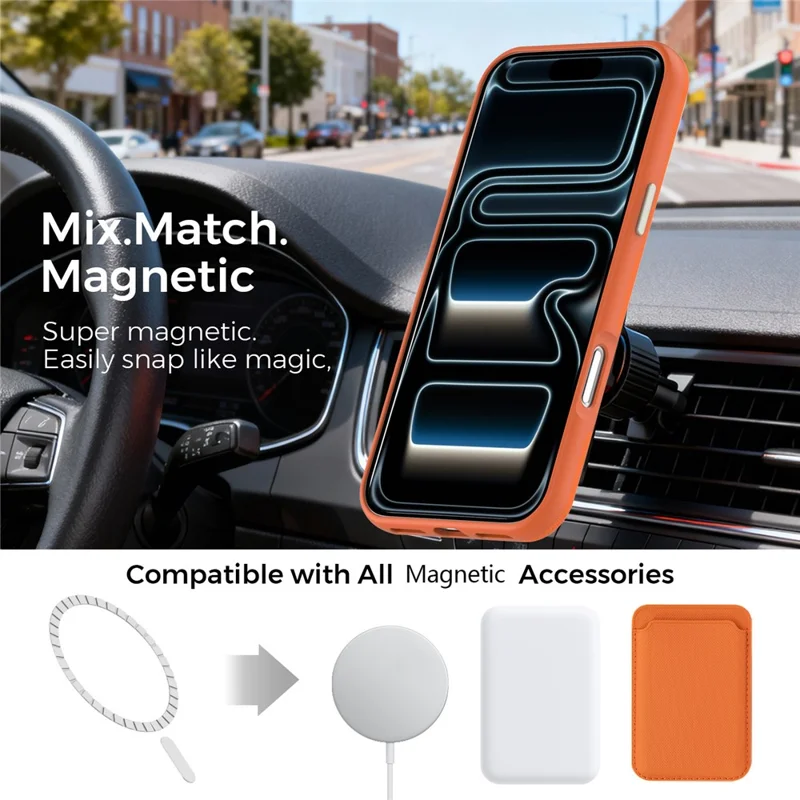Til iPhone 18 Pro Max Case Kompatibel med MagSafe Fin Grid-struktur Læderbelagt TPU PC Telefonbeskyttelse med Metalobjektivramme - Orange