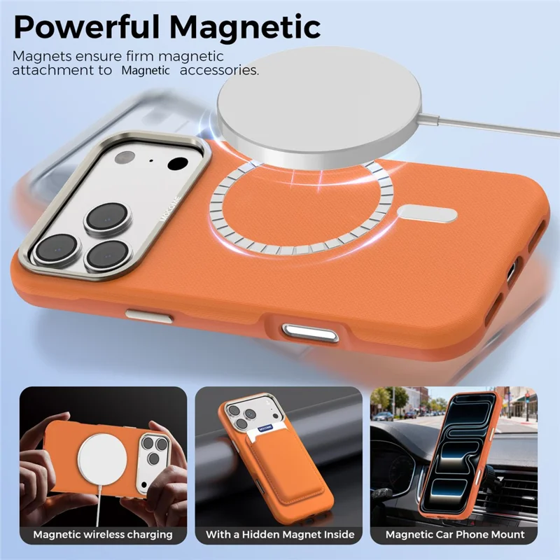 Til iPhone 18 Pro Max Case Kompatibel med MagSafe Fin Grid-struktur Læderbelagt TPU PC Telefonbeskyttelse med Metalobjektivramme - Orange