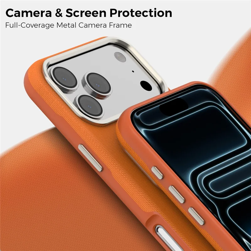 Til iPhone 18 Pro Max Case Kompatibel med MagSafe Fin Grid-struktur Læderbelagt TPU PC Telefonbeskyttelse med Metalobjektivramme - Orange