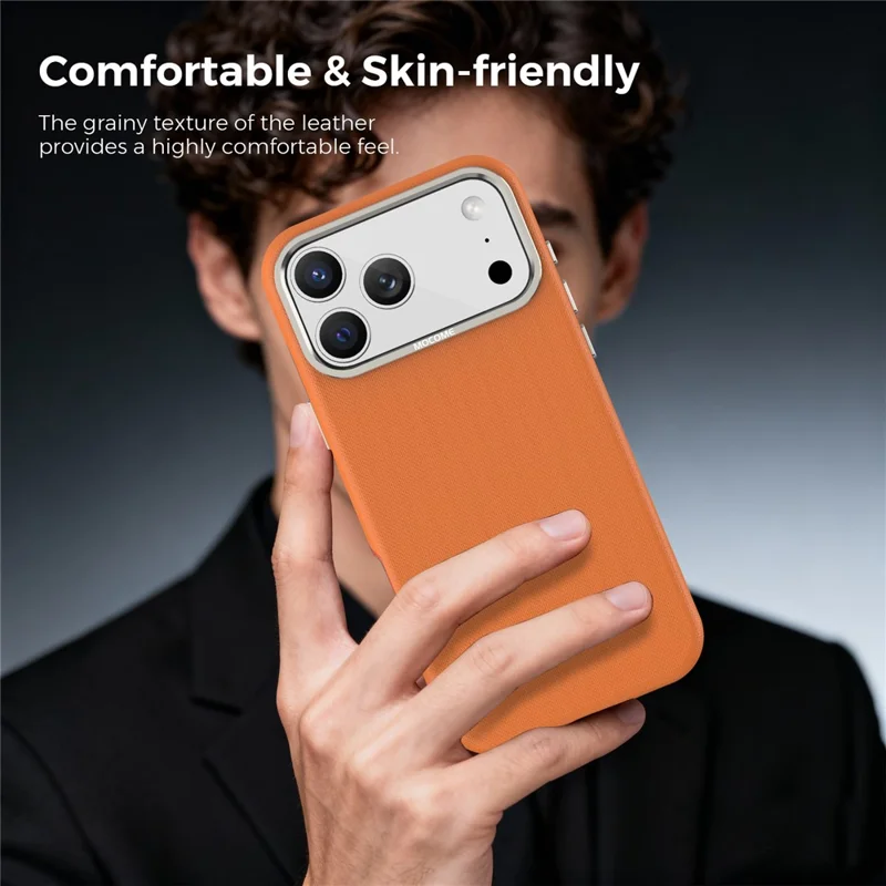 Til iPhone 18 Pro Max Case Kompatibel med MagSafe Fin Grid-struktur Læderbelagt TPU PC Telefonbeskyttelse med Metalobjektivramme - Orange