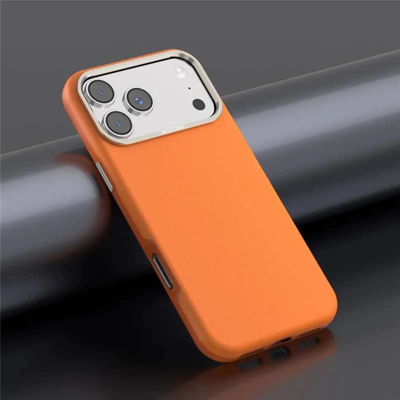 Til iPhone 18 Pro Max Case Kompatibel med MagSafe Fin Grid-struktur Læderbelagt TPU PC Telefonbeskyttelse med Metalobjektivramme - Orange