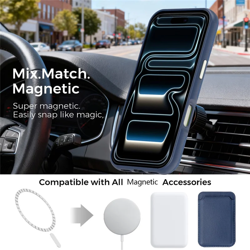 For iPhone 18 Pro Case Kompatibel med MagSafe Fint Gittermønster Læder Bagdæksel med Afmonterbar Kortholder - Safir