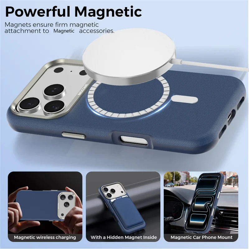 For iPhone 18 Pro Case Kompatibel med MagSafe Fint Gittermønster Læder Bagdæksel med Afmonterbar Kortholder - Safir
