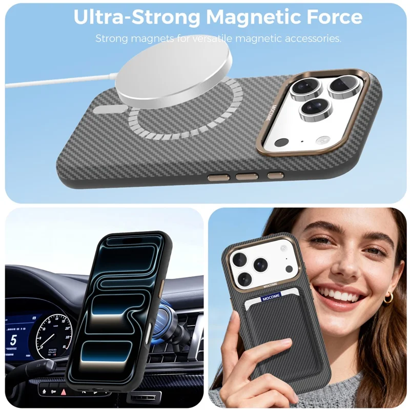 Til iPhone 18 Pro Case Kompatibel med MagSafe Kulfiberstruktur Stødfast Læder TPU PC Beskyttende Cover - Sort