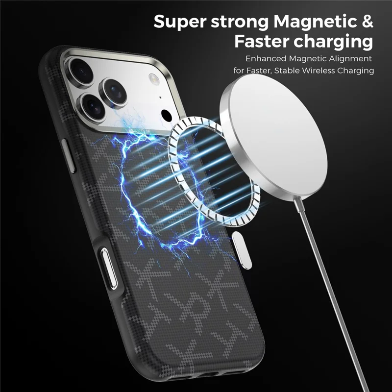 For iPhone 18 Pro Max Magnetisk Case med Aramidfiberstruktur Læder + PC + TPU Stødfast Telefonbeskyttelse - Sort