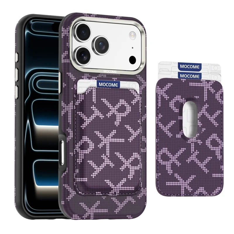 For iPhone 18 Pro Magnetisk Case Aramidfiberstruktur Læder Telefon Bagdæksel med Kortholder - Lilla
