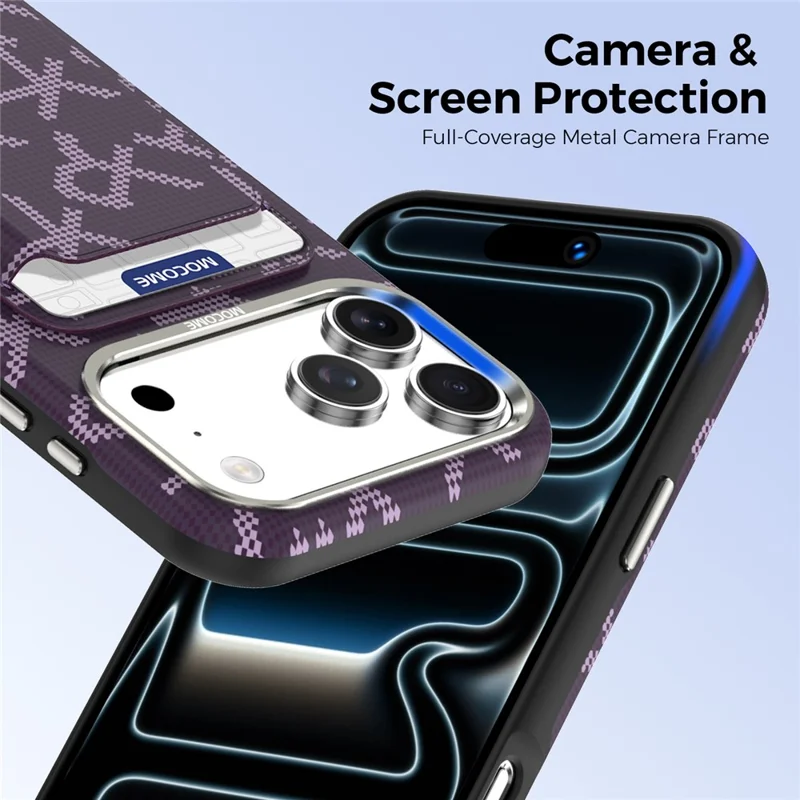For iPhone 18 Pro Magnetisk Case Aramidfiberstruktur Læder Telefon Bagdæksel med Kortholder - Lilla