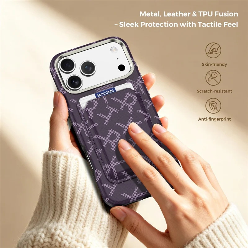For iPhone 18 Pro Magnetisk Case Aramidfiberstruktur Læder Telefon Bagdæksel med Kortholder - Lilla