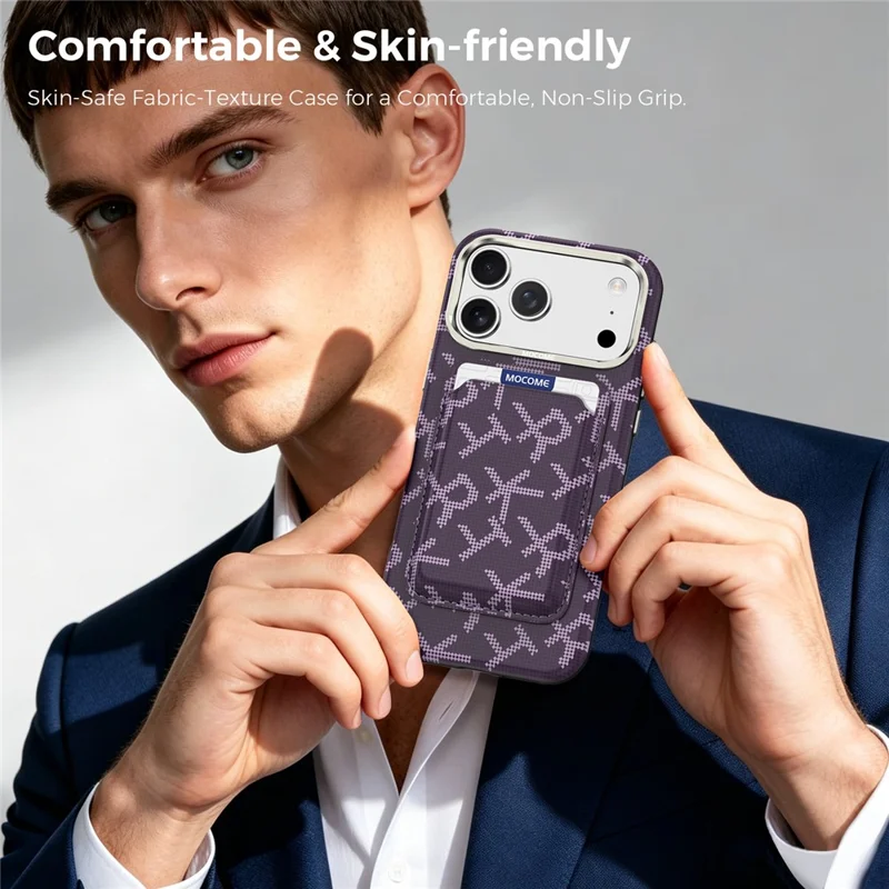 For iPhone 18 Pro Magnetisk Case Aramidfiberstruktur Læder Telefon Bagdæksel med Kortholder - Lilla