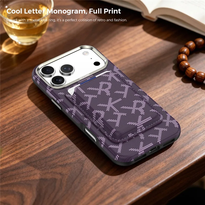 For iPhone 18 Pro Magnetisk Case Aramidfiberstruktur Læder Telefon Bagdæksel med Kortholder - Lilla