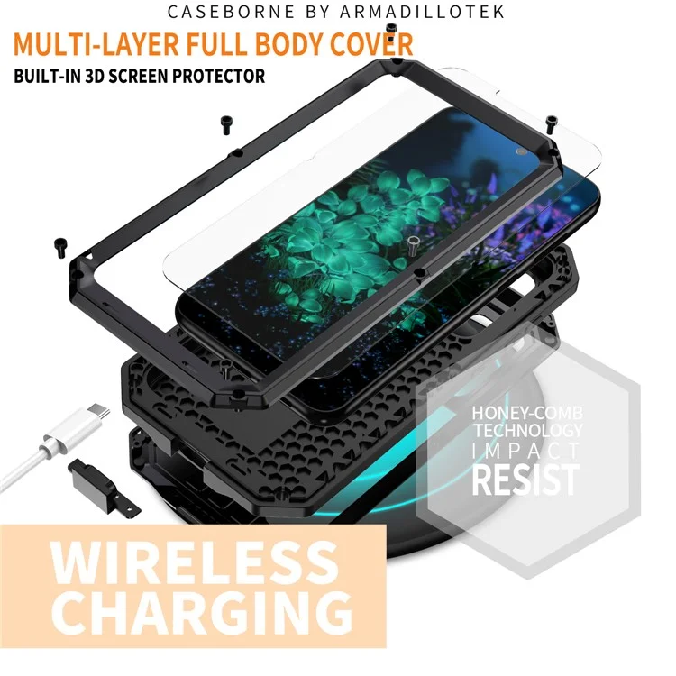 R-JUST Per Samsung Galaxy S23+ Custodia per fotocamera scorrevole PC+Silicone+Metallo Supporto anti-caduta Custodia con Vetro Temperato Protettore dello Schermo - Nero