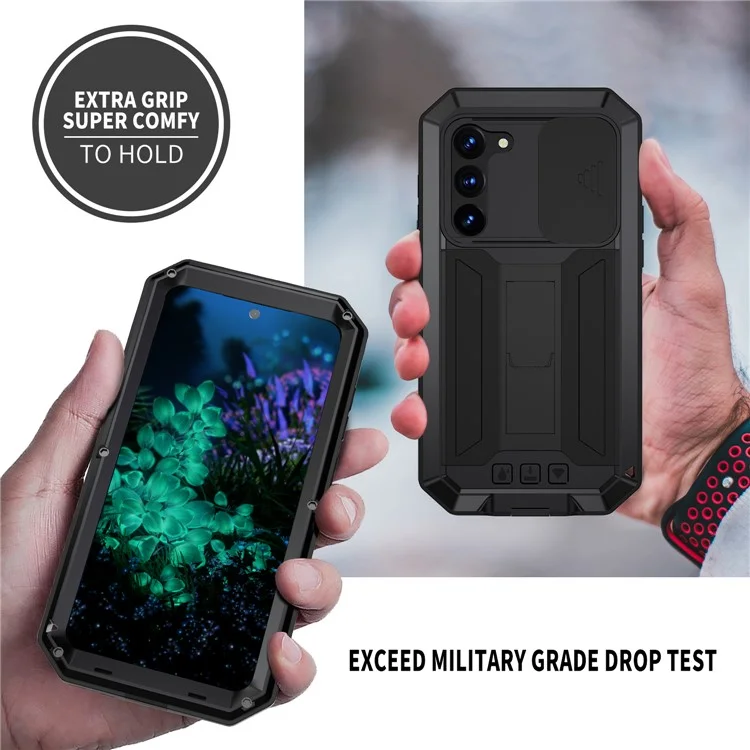 R-JUST Per Samsung Galaxy S23+ Custodia per fotocamera scorrevole PC+Silicone+Metallo Supporto anti-caduta Custodia con Vetro Temperato Protettore dello Schermo - Nero